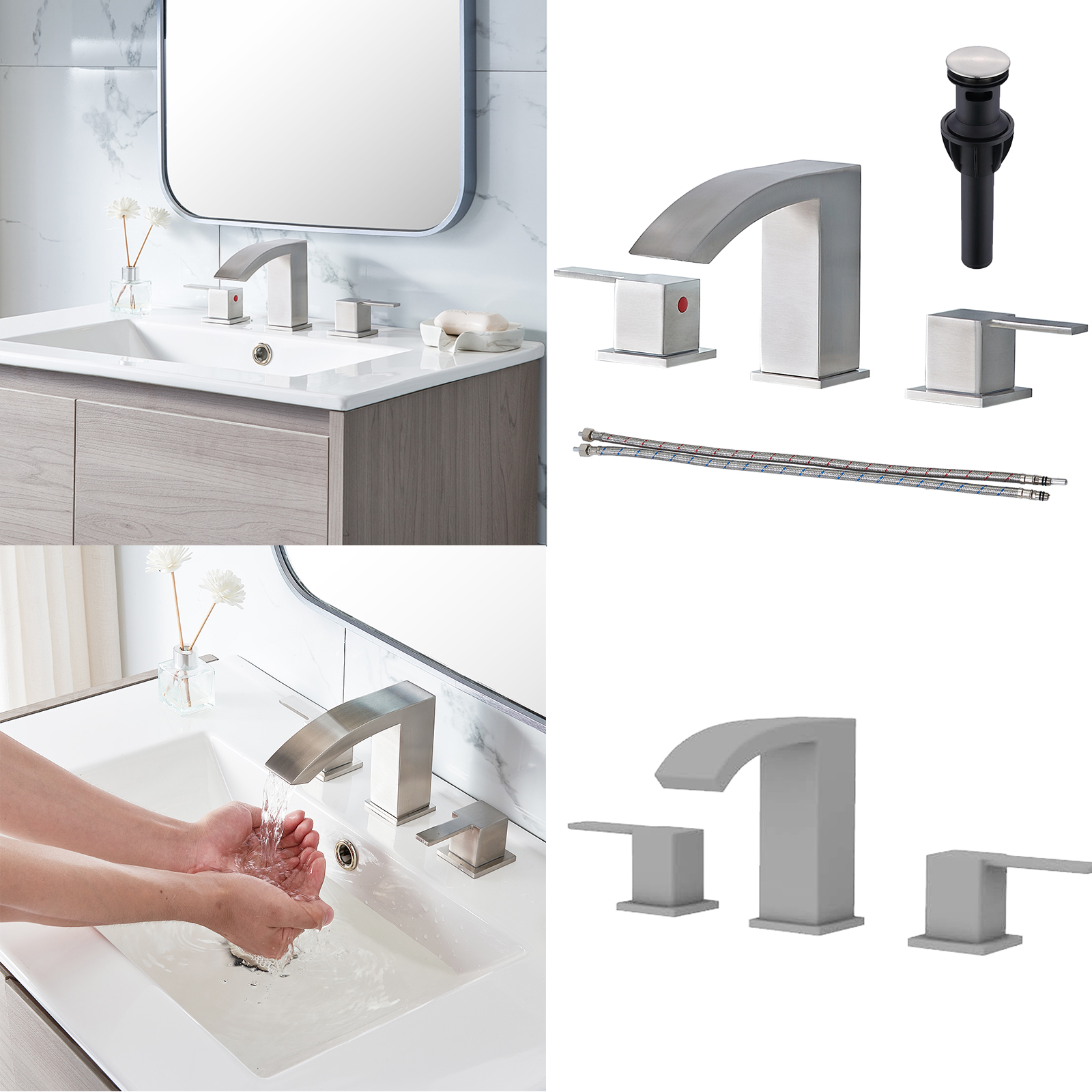 Modern 3 Hole Widespread Brushed Nickel Bathroom Faucet